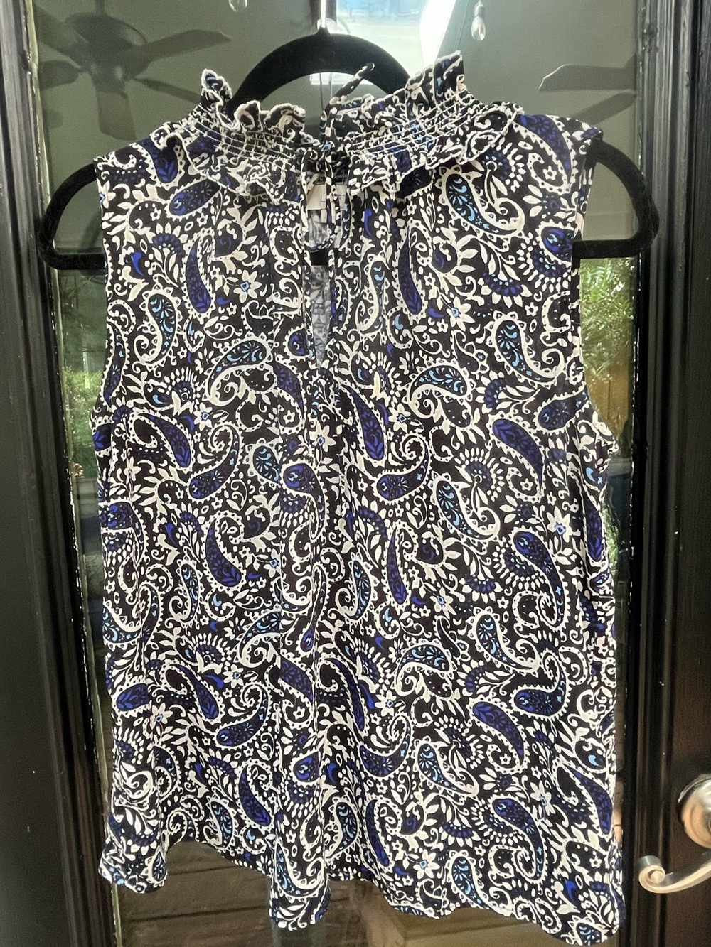 Loft Sleeveless Smocked Ruffle Neck Paisley Top - Black & Blue